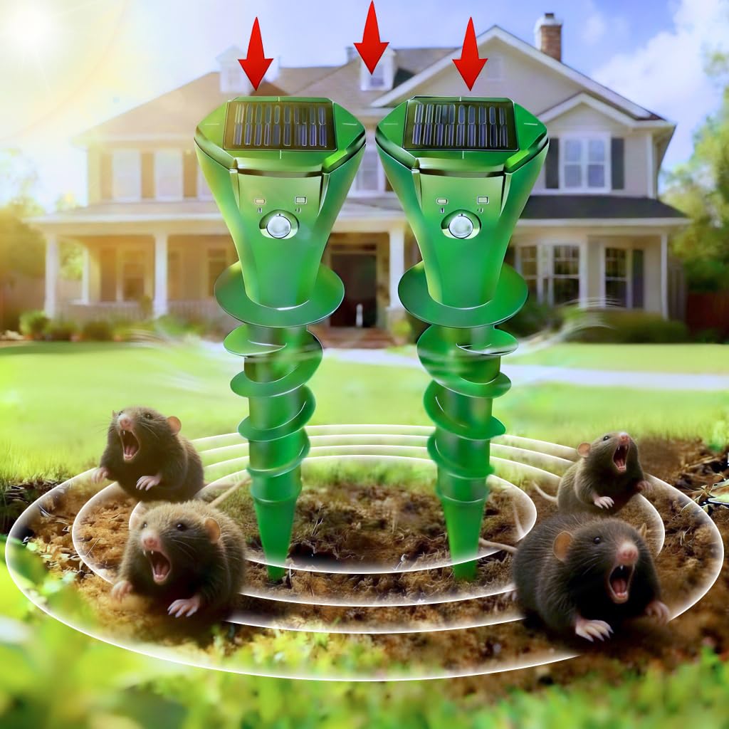 JNKNT mole repellent solar stake protecting lawn in sunlight and shade