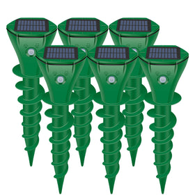 JNKNT solar-powered mole repeller front view showing six-pack lawn protection
