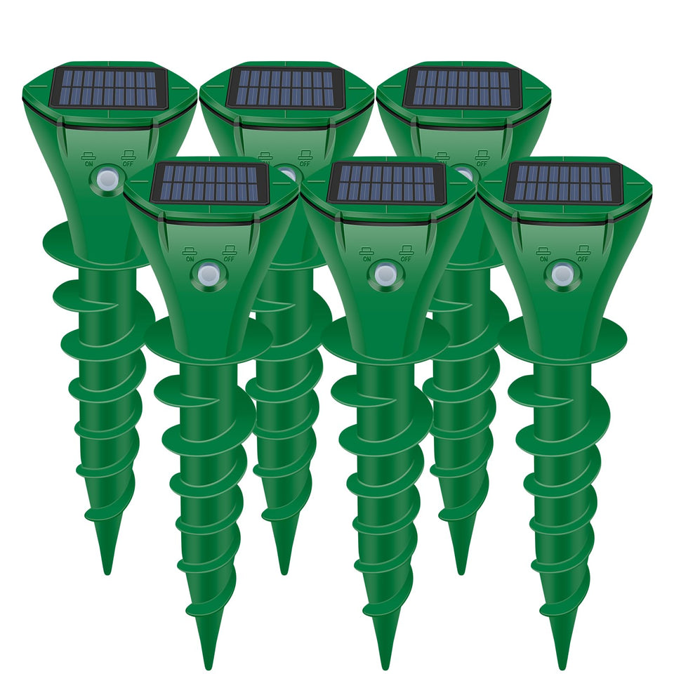 JNKNT solar-powered mole repeller front view showing six-pack lawn protection