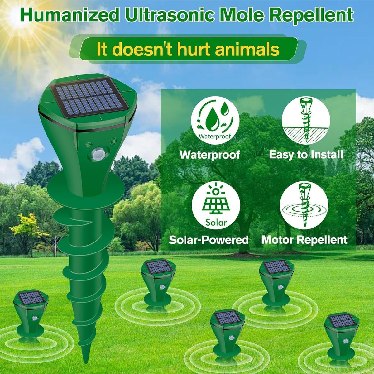 JNKNT ultrasonic gopher repellent in yard setup for humane deterrence