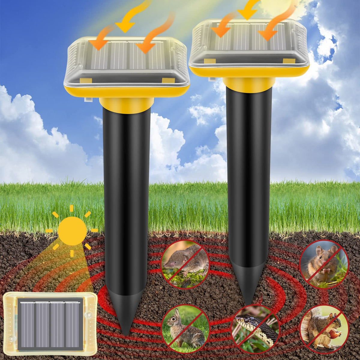 JNKNT ultrasonic mole repellent device in yard protects lawn from pests.