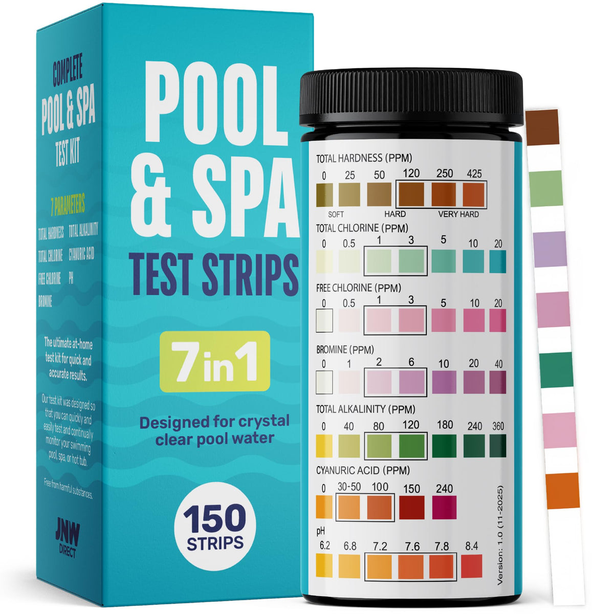 JNW Direct 7-in-1 pool test strips being dipped for quick, accurate pool testing.