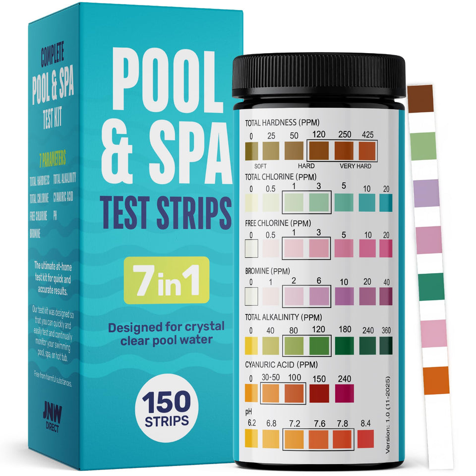 JNW Direct 7-in-1 pool test strips being dipped for quick, accurate pool testing.
