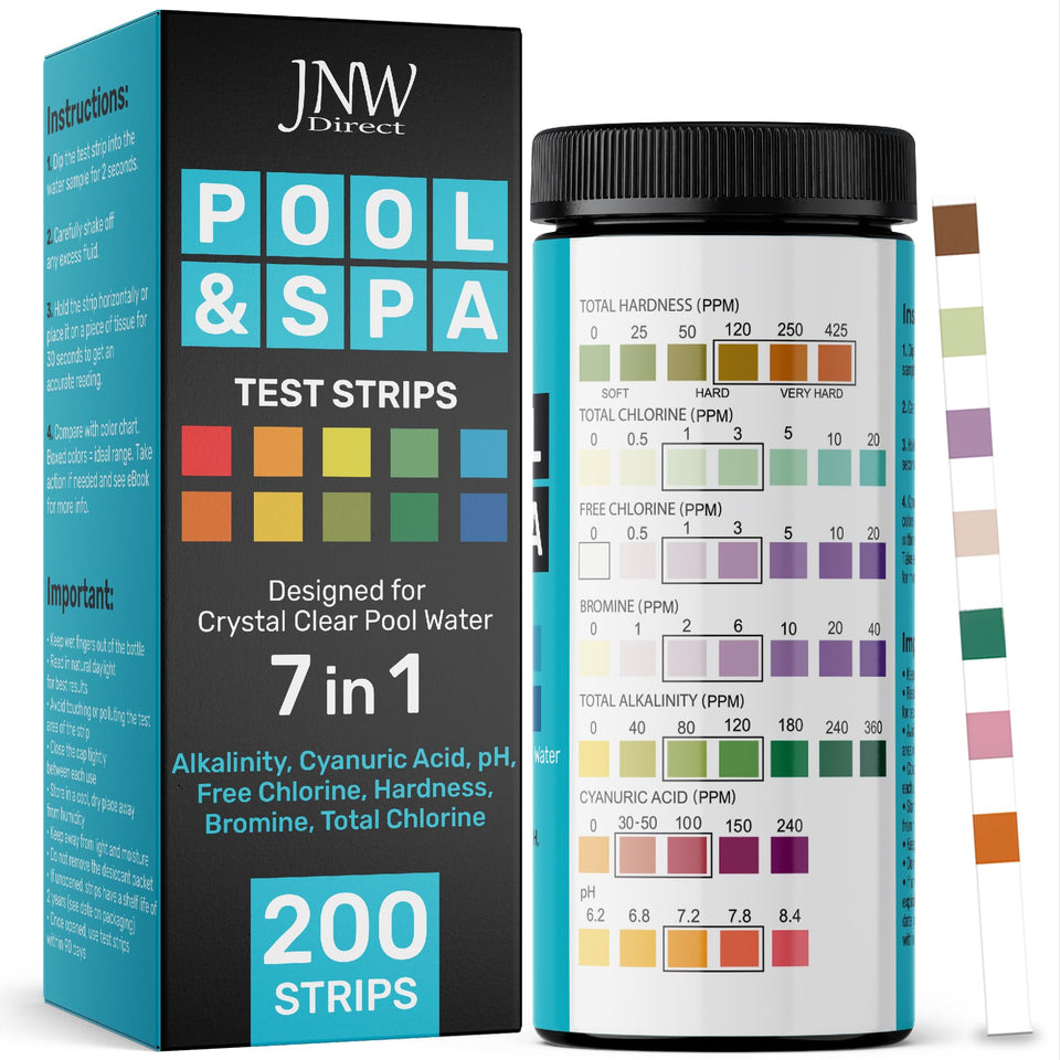 JNW Direct 7-in-1 pool test strips bottle with color chart for quick readings