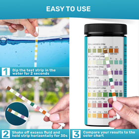 JNW Direct 7-in-1 color chart showing key pool chemistry ranges