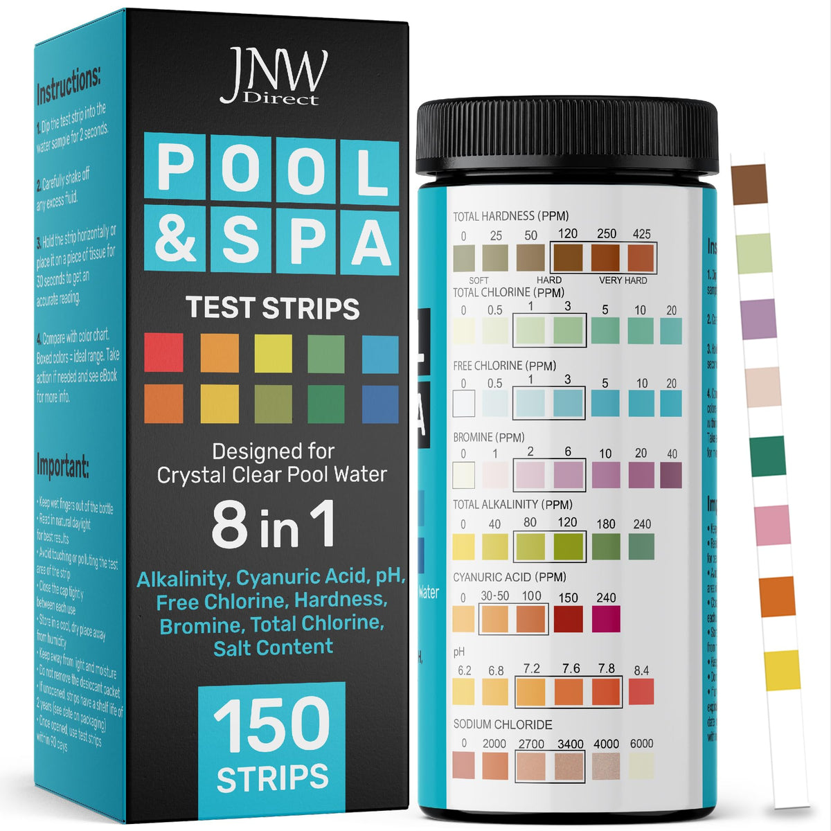 JNW Direct pool test strips 8-in-1 box for quick daily checks.