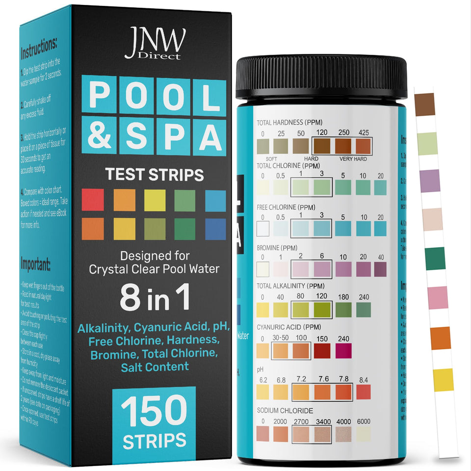 JNW Direct pool test strips 8-in-1 box for quick daily checks.
