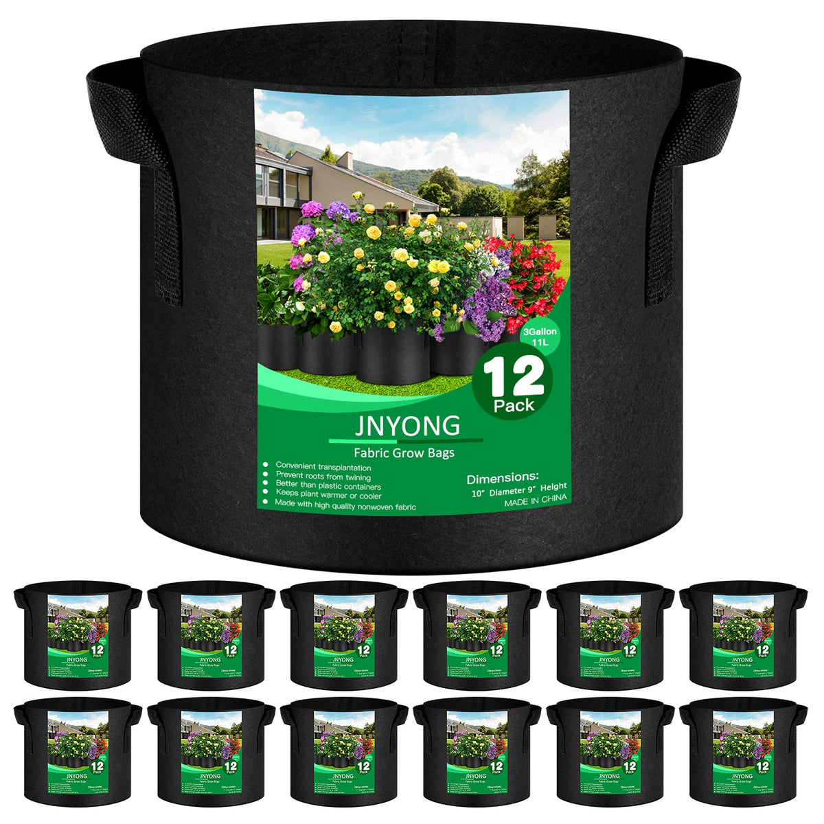 JNYONG 12-pack 3-gallon thickened non-woven grow bag with handles for easy transport of soil and plants
