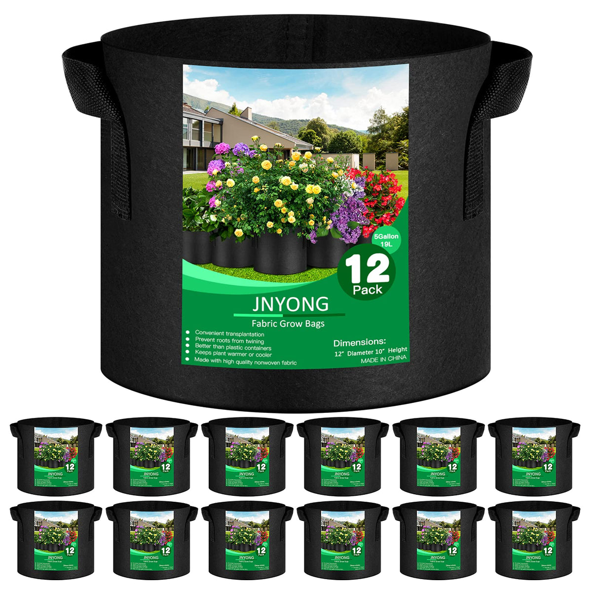 JNYONG 12-pack 5-gallon grow bag with handle for easy transport and planting.
