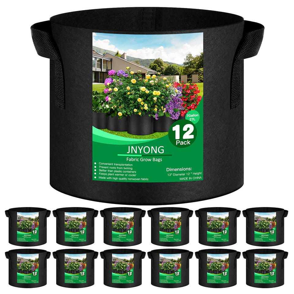 JNYONG 12-pack 7 gal grow bag front view with handles for easy transport.