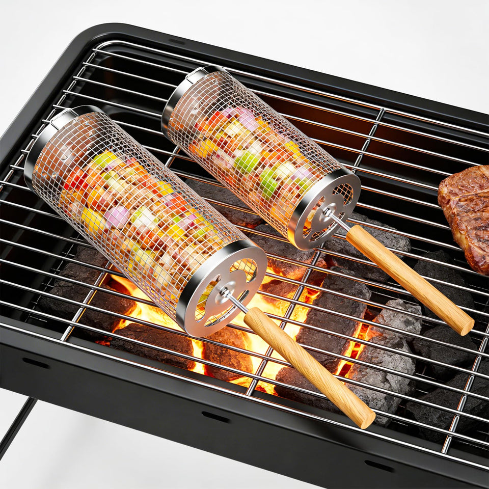Joanolga rolling grill basket 9-inch with removable beech wood handle for easy flipping