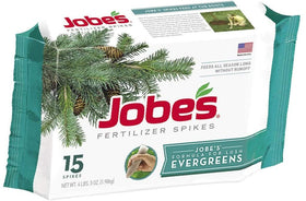 Jobe's Evergreen spikes in brown packaging deliver ongoing evergreen nourishment.