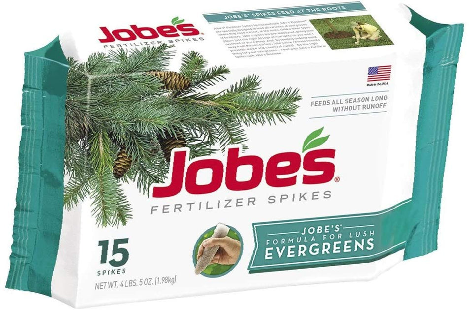 Jobe's Evergreen spikes in brown packaging deliver ongoing evergreen nourishment.