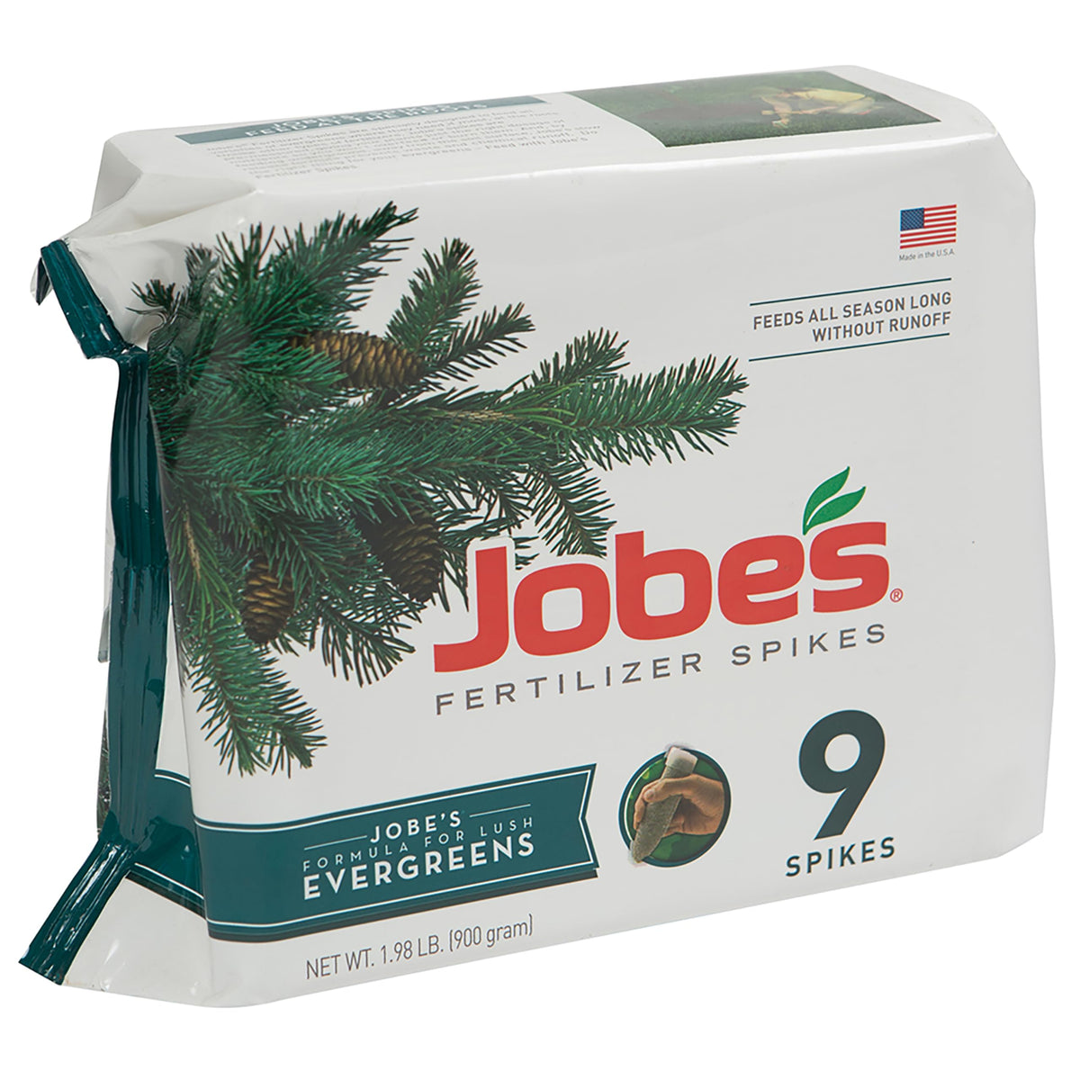 Jobe's evergreen fertilizer spikes pack ready for easy feeding around tree roots.