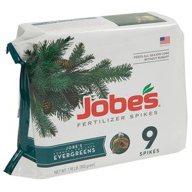 Jobe's evergreen fertilizer spikes pack ready for easy feeding around tree roots.