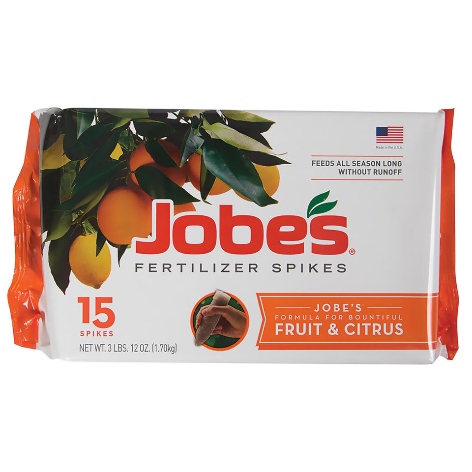 Jobe's Fertilizer Spikes packaging close-up for fruit and citrus trees