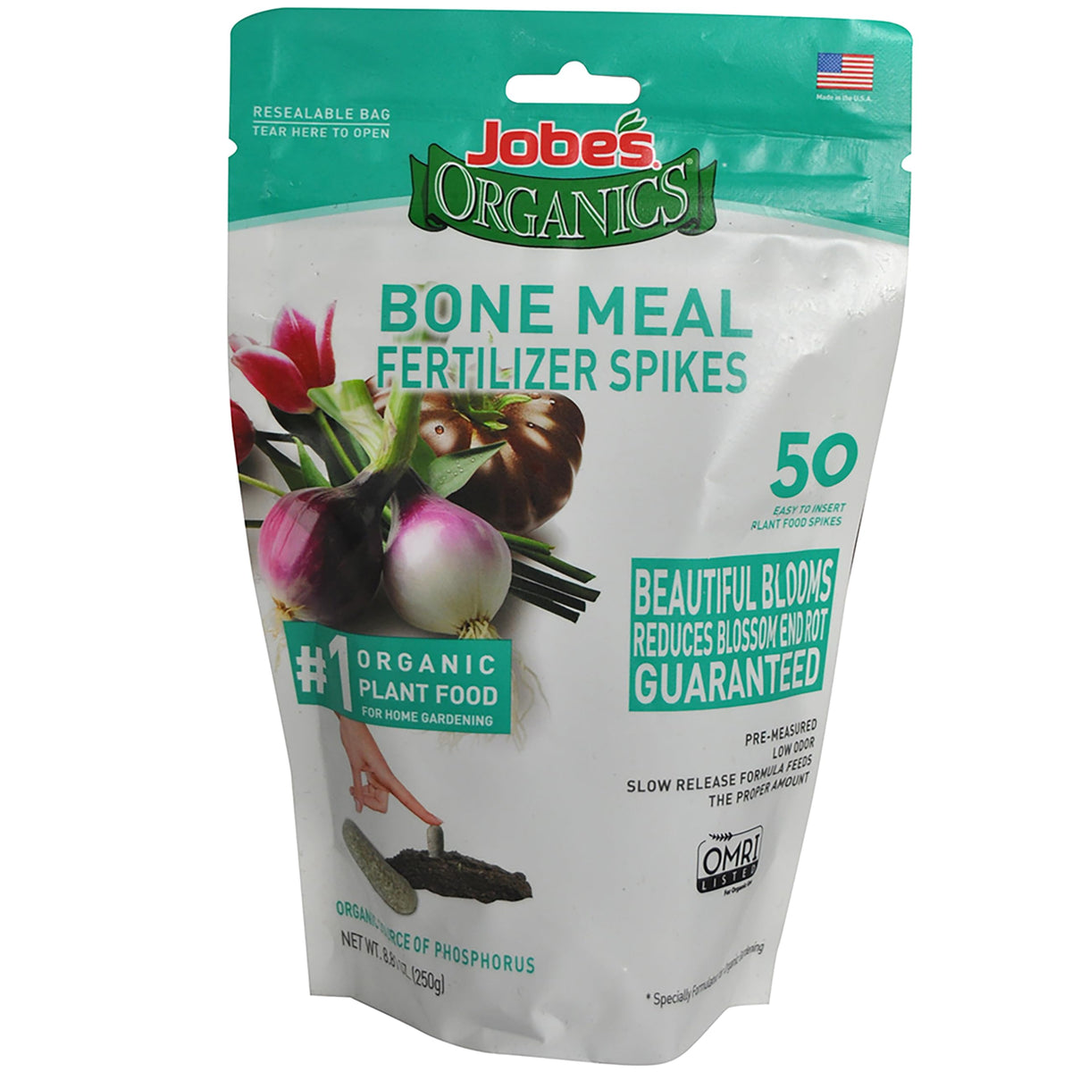 Jobe's Organics bone meal spikes package – pre-measured feeding for healthy roots.