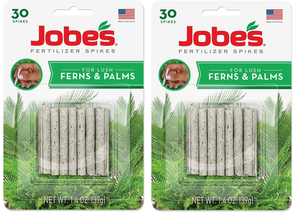 Jobe's Organics fern-palm-spikes 60-count pack on display, promoting lush indoor growth.