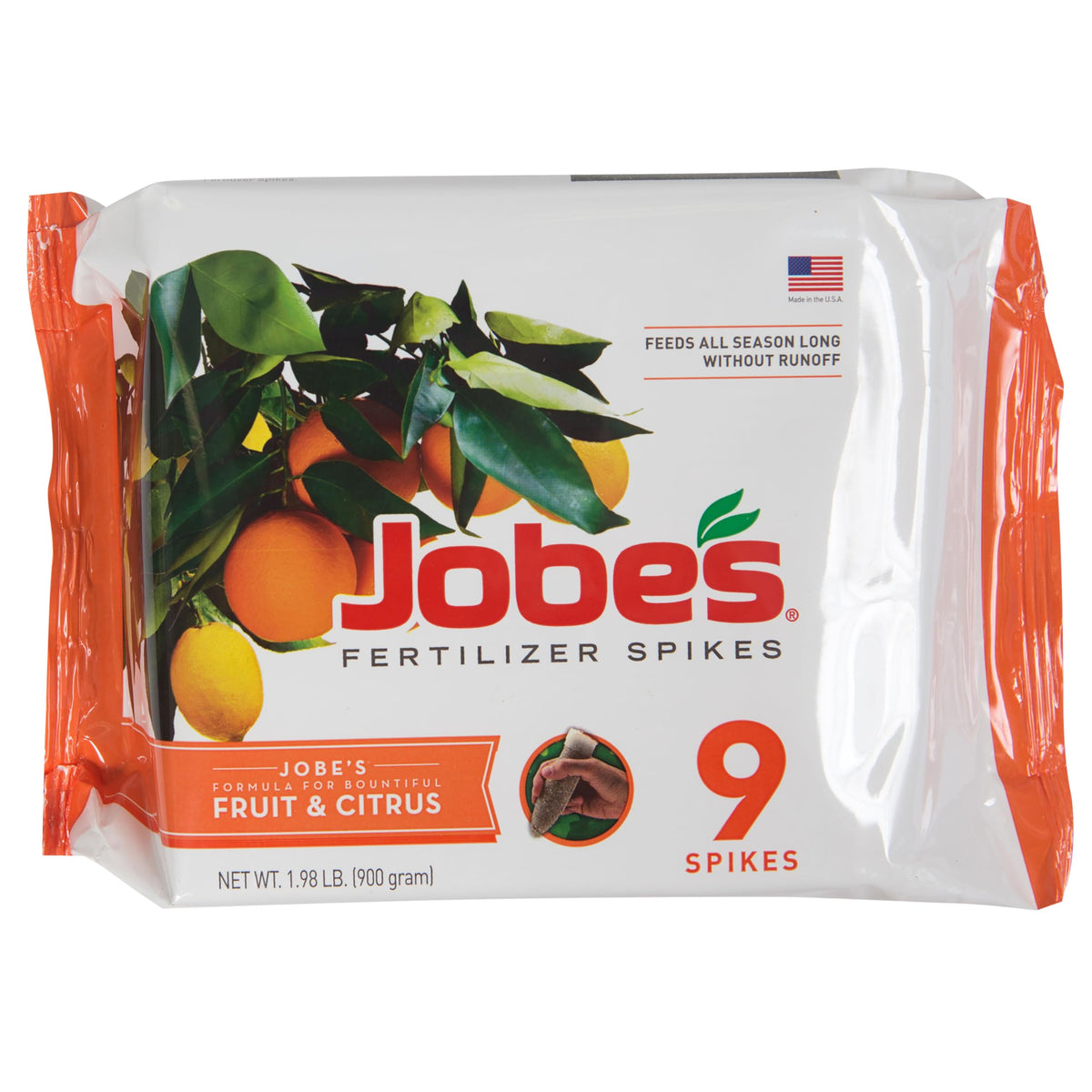 Jobe’s Organics fruit and citrus spikes pack around a tree nourishes steady growth.