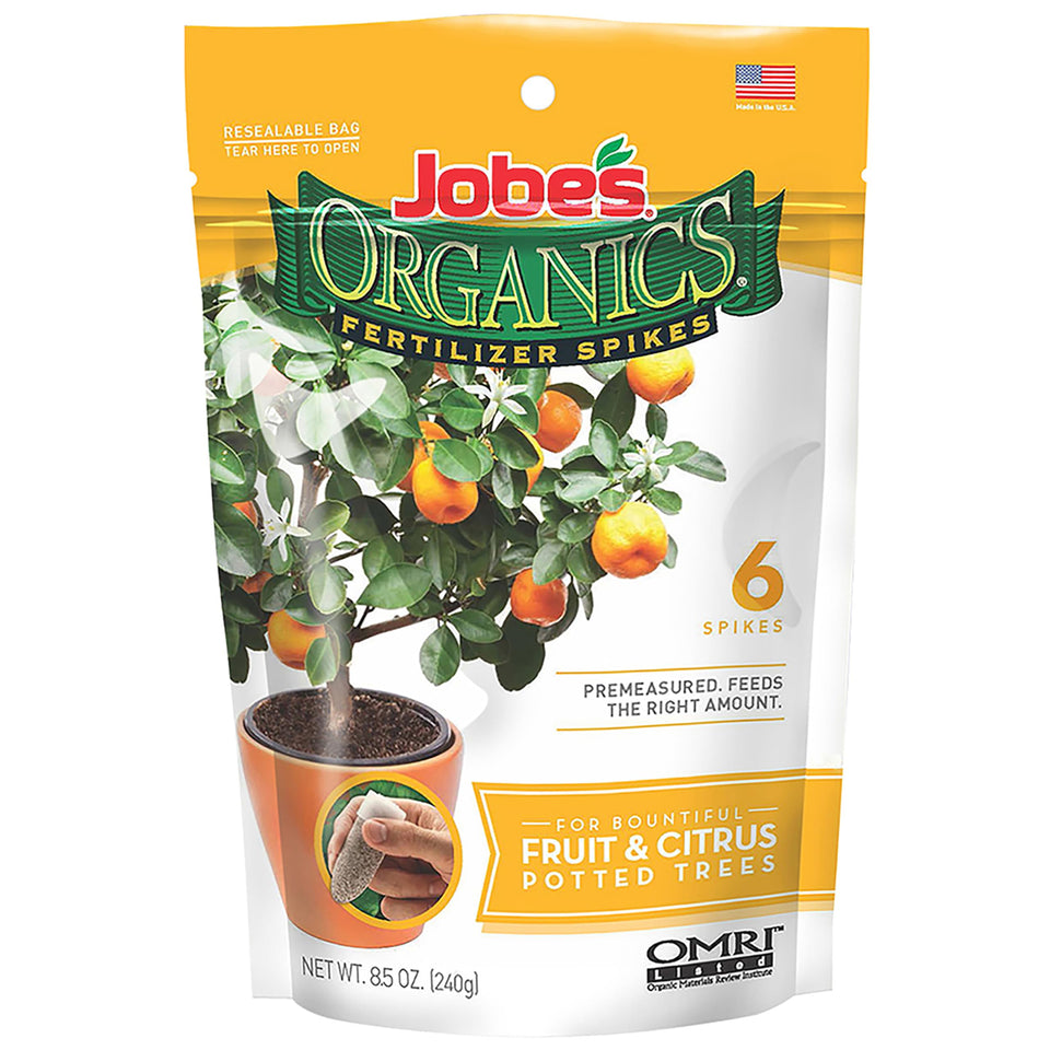 Packaging of Jobe's Organics fertilizer spikes showing mess-free delivery.