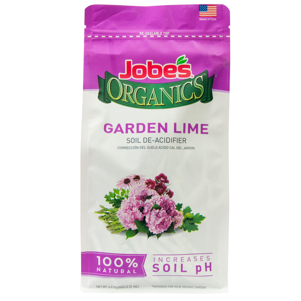 Jobes Organics Garden Lime bag front showing convenient soil pH balancing for plants
