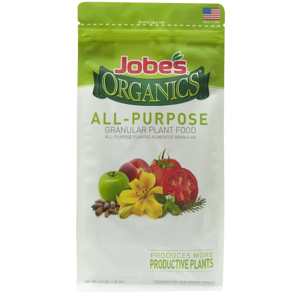Jobe’s Organics granular all-purpose fertilizer bag ready to feed vegetables and flowers.