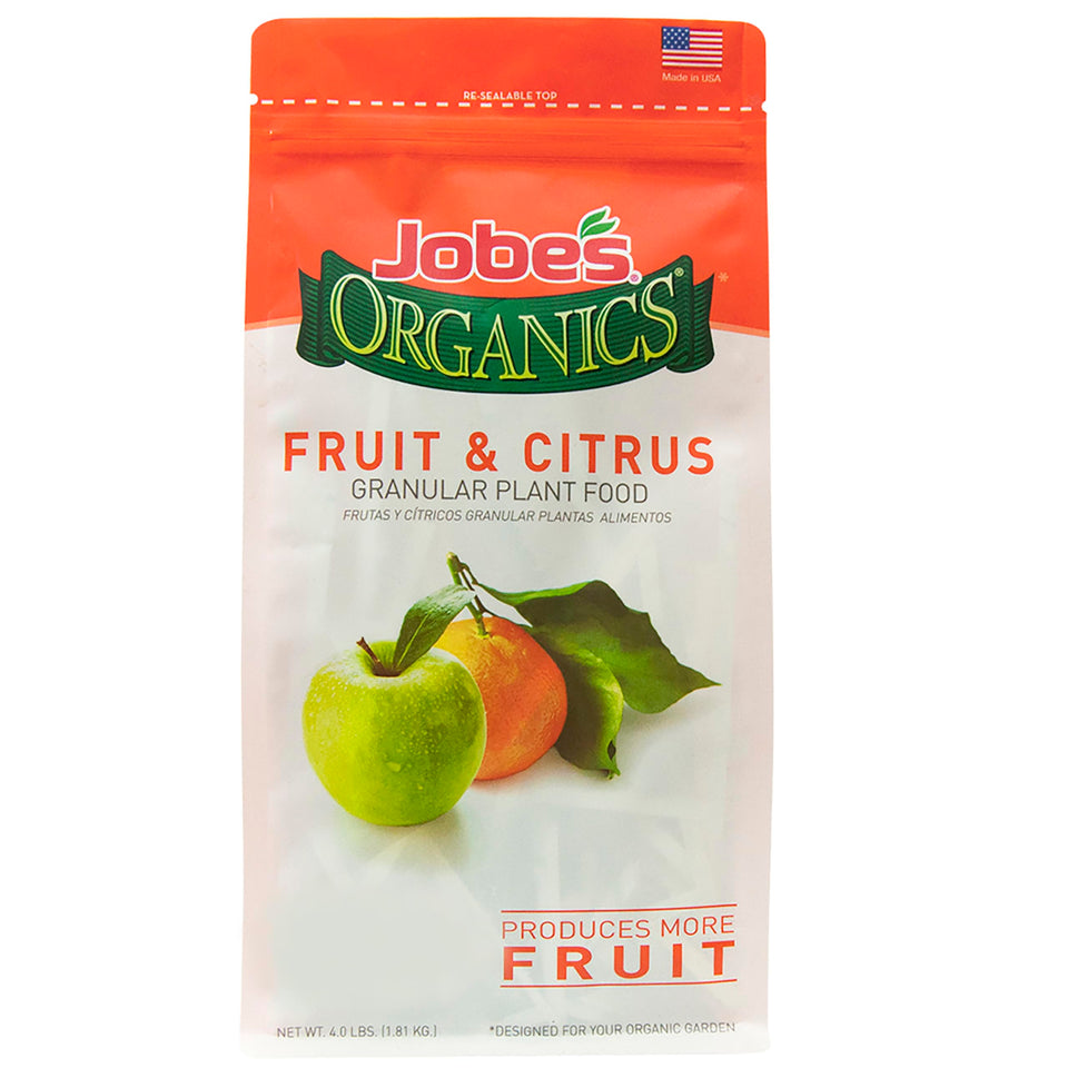 Jobe's Organics granular fertilizer bag for fruit and citrus promotes steady growth.