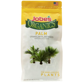 Jobe’s Organics granular fertilizer bag for palm trees supports healthy foliage.