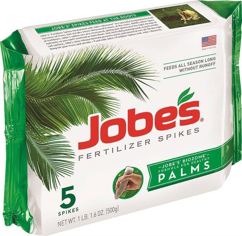 Jobe's Organics Palm FERT Spikes inserted around a palm tree for steady, slow-release nourishment.