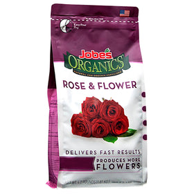 Jobe's Organics rose granular fertilizer bag promotes lush blooms.