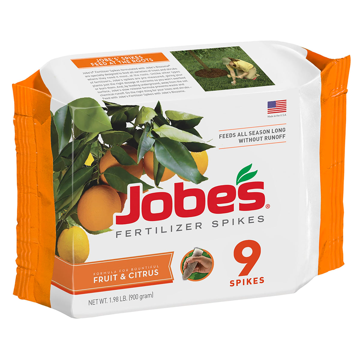 Jobe’s Organics spikes placed in soil around a tree support root nourishment.