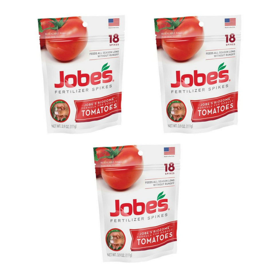 Jobe's Tomato Fertilizer Spikes in waterproof pouch support steady root feeding for thriving tomato plants.