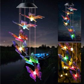 JOBOSI butterfly solar wind chime outdoors with ambient color glow