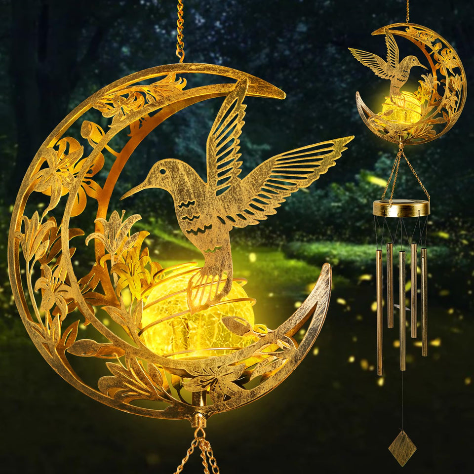 JOBOSI solar moon wind chime lights up at night for cozy outdoor ambiance.