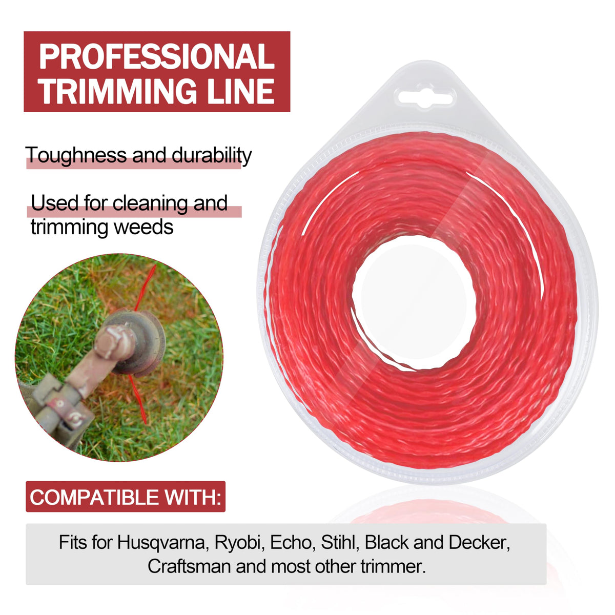 JODDMTTY 250 ft coil image demonstrates long-lasting reel for extended mowing sessions.