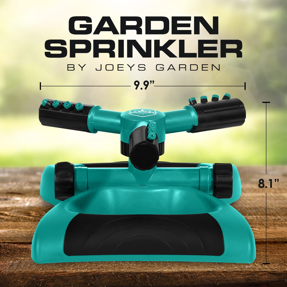 Joeys Garden Sprinkler shows 3 rotating arms delivering even circular coverage.