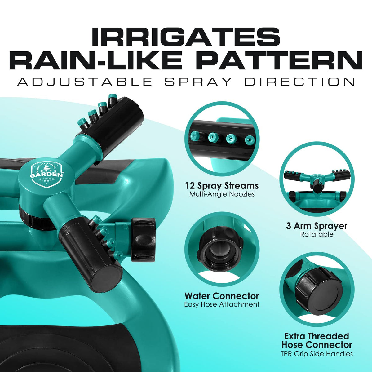 Joeys Garden Sprinkler adjustable spray for distance and angle.