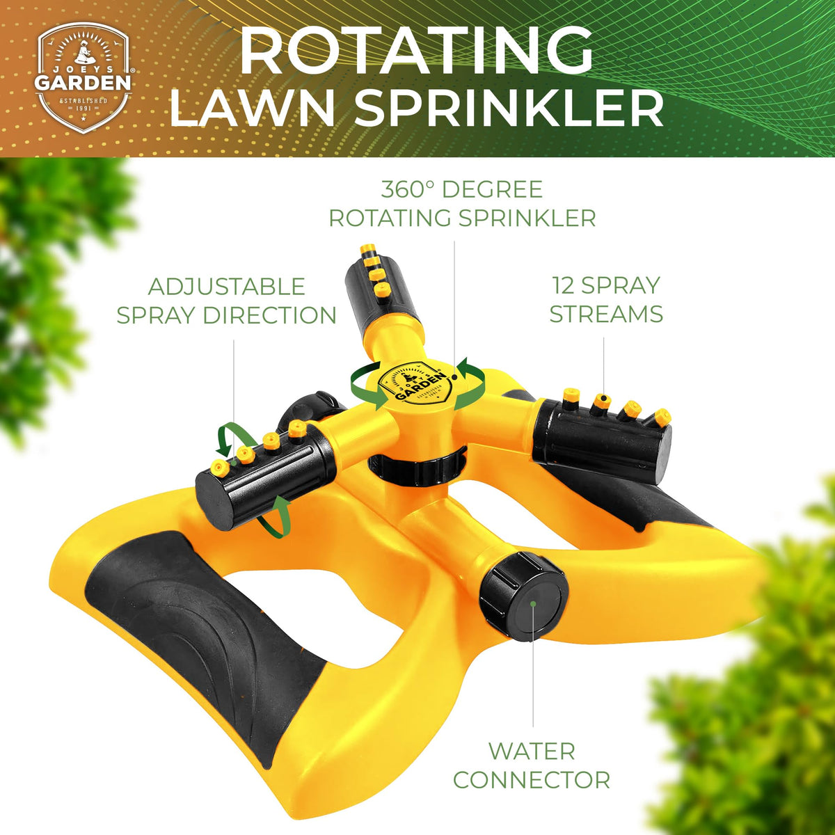 Joeys Garden Sprinkler hose connector enables easy setup with standard hoses.