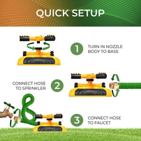 Joeys Garden Sprinkler rotating arms deliver customizable spray patterns for any yard.