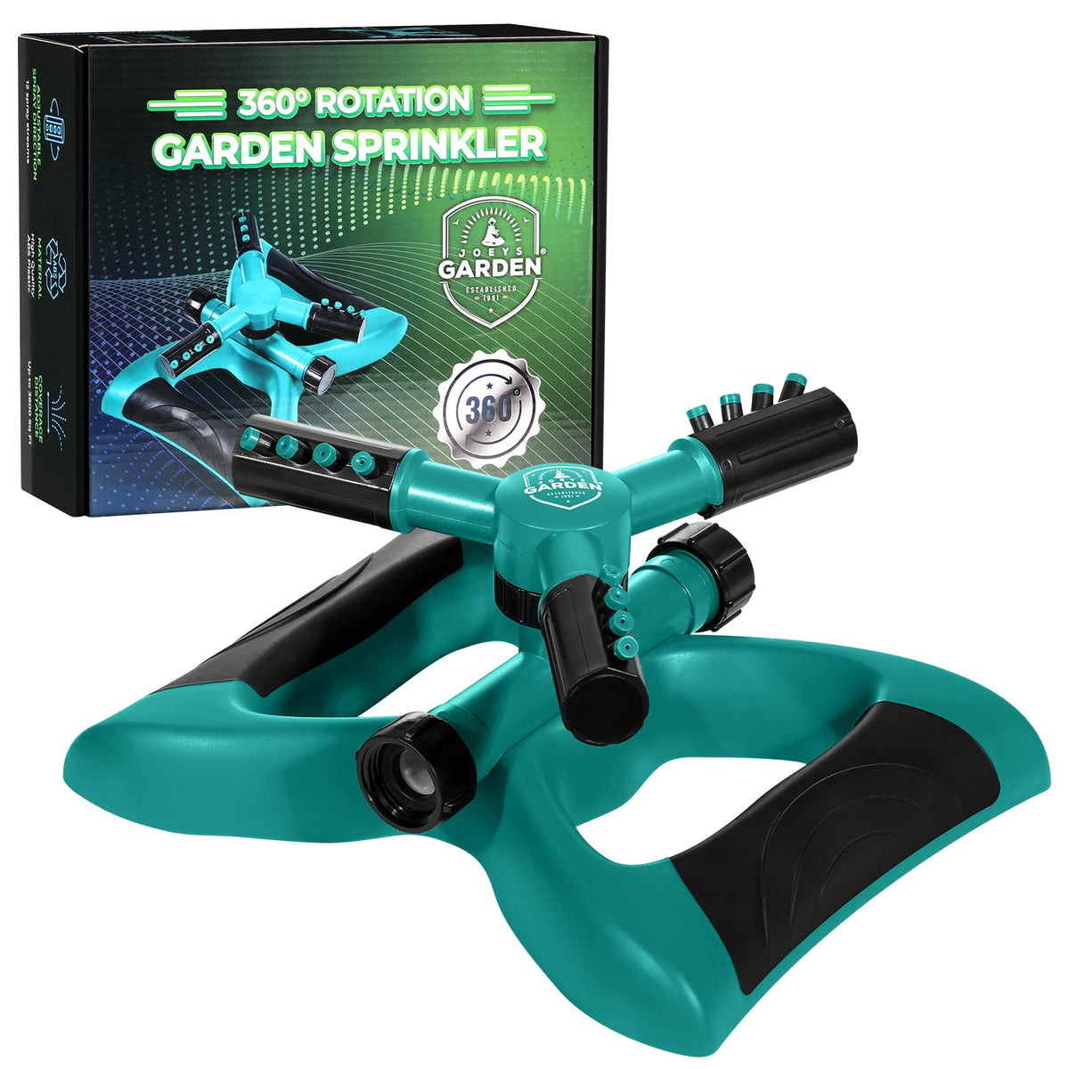Joeys Garden Sprinkler base provides stable watering on flat lawns.