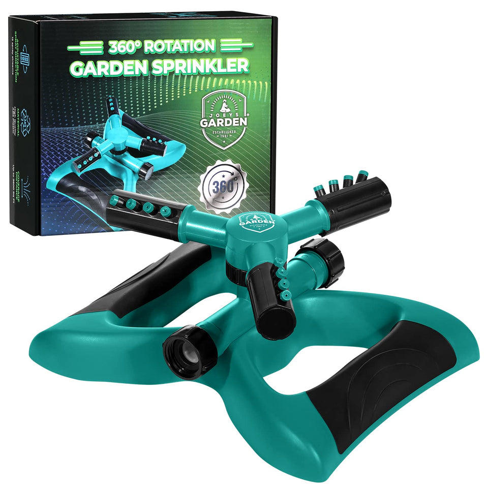Joeys Garden Sprinkler base provides stable watering on flat lawns.
