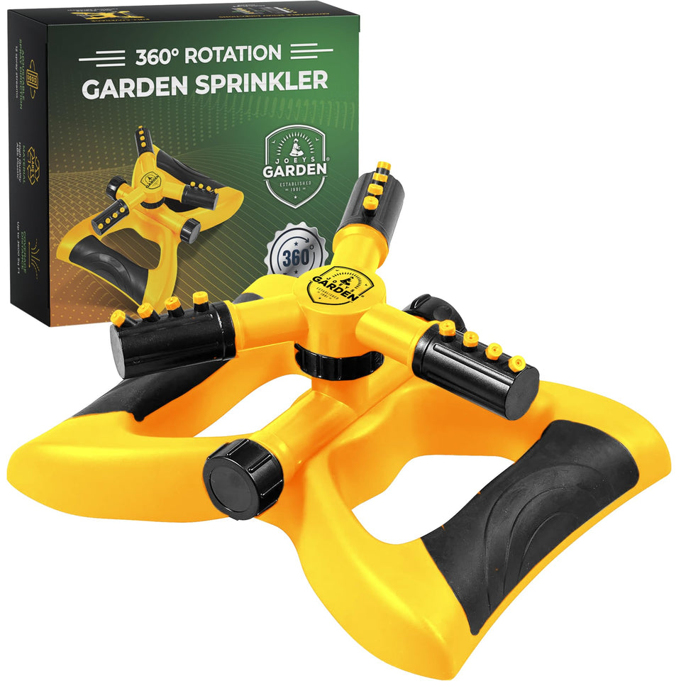 Joeys Garden Sprinkler weighted base ensures steady placement for even irrigation.