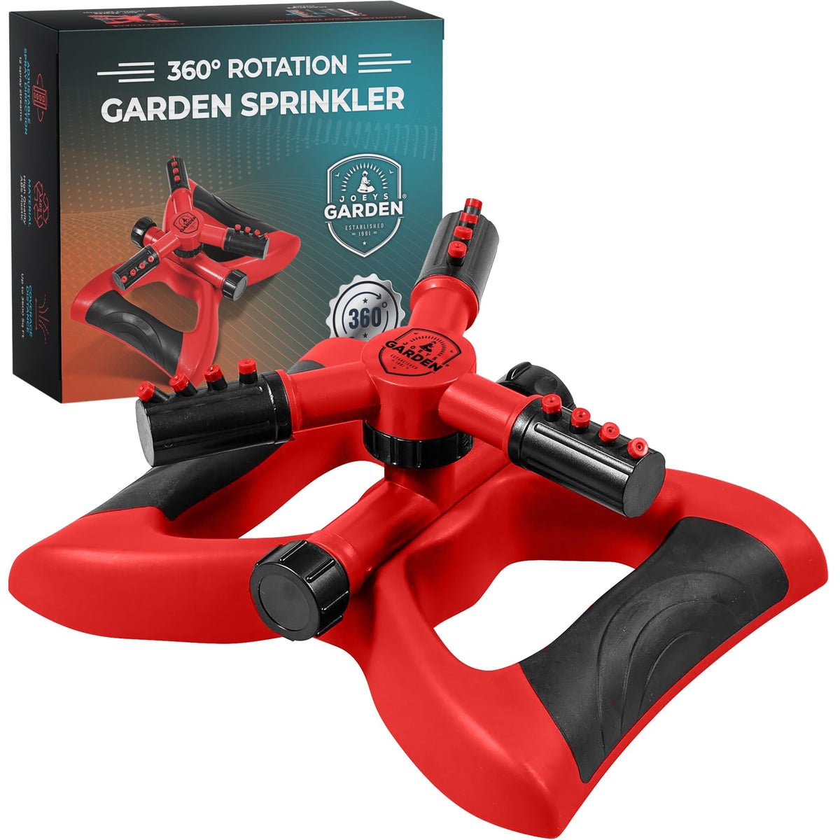 Joeys Garden Sprinkler weighted base keeps placement steady while watering