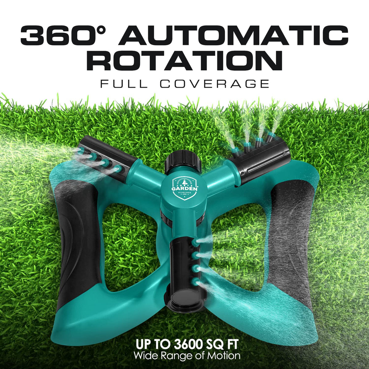Joeys Garden Sprinkler wide coverage adapts to lawn size and pressure.