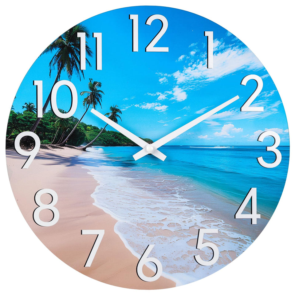 JoFomp 12-inch beach outdoor clock with tempered glass dial for bright sun visibility.