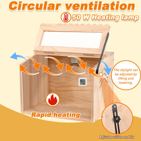 JOGEPEYO brooder with heat lamp lit illustrating rapid warming capability.