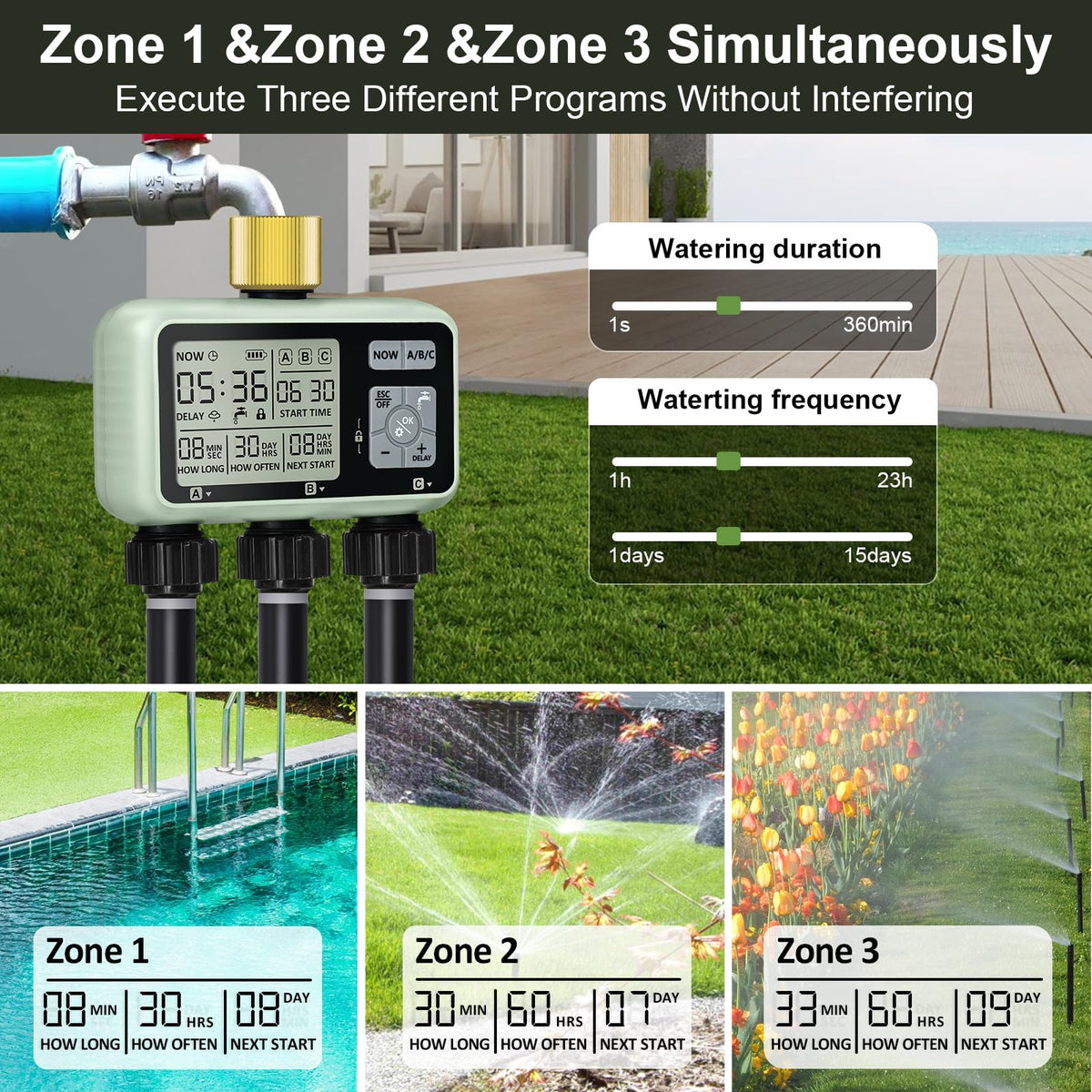 johgee timer ipx5 test display emphasizes outdoor waterproofing and rugged reliability.