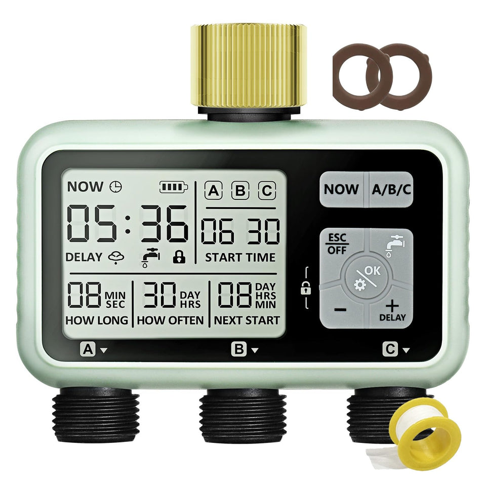 johgee watering timer 3-zone brass inlet shows durable outdoor connection for leak-proof operation.