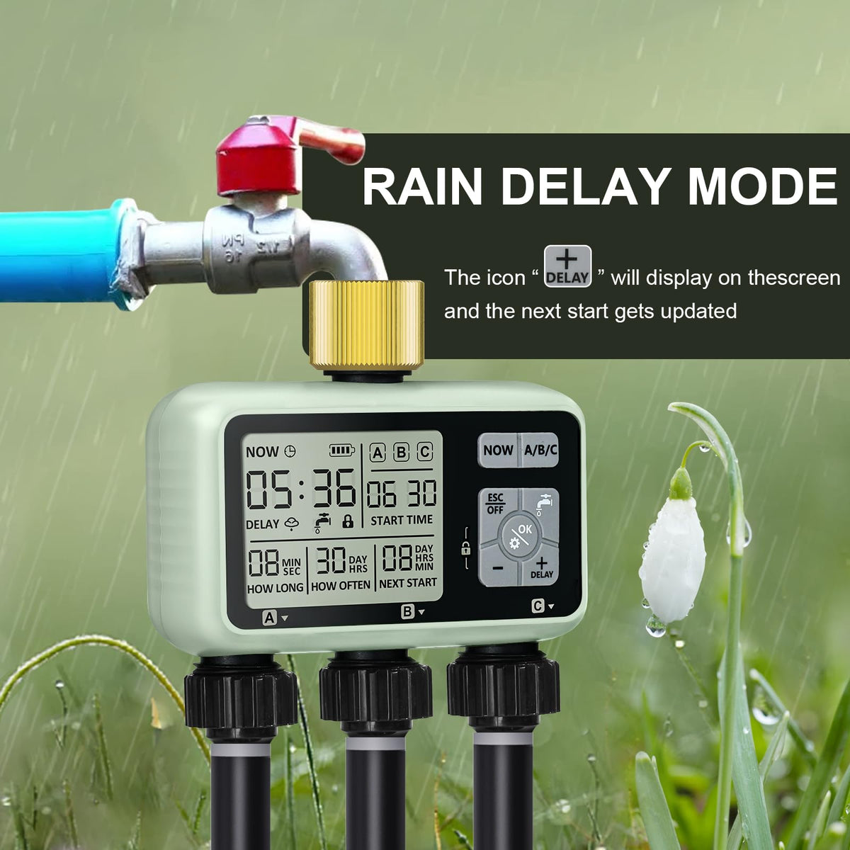 johgee watering timer rain delay mode demonstrates watering pauses during wet weeks.