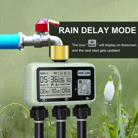 johgee watering timer rain delay mode demonstrates watering pauses during wet weeks.